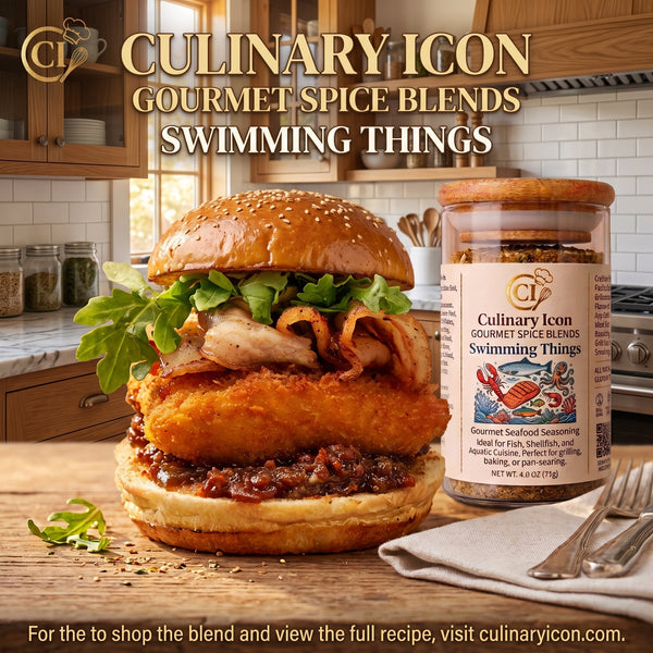 "A gourmet panko-crusted crispy salmon burger on a brioche bun with a rich bacon jam, fresh arugula, a jar of 'Culinary Icon Swimming Things' gourmet spice blend, and a warm kitchen window background."