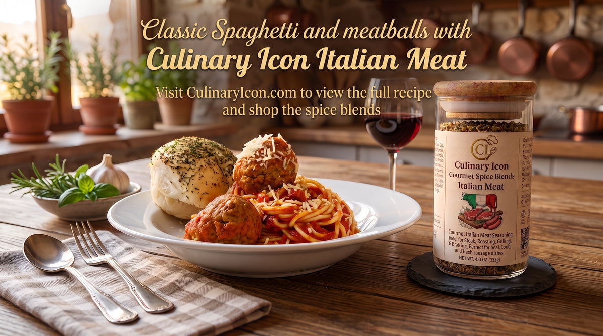 Plate of classic spaghetti and meatballs served with garlic knot, red wine, and Culinary Icon Italian Meat spice blend jar.