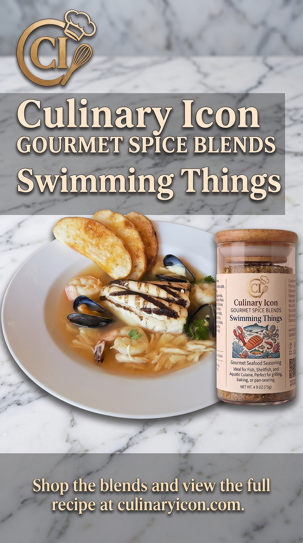 Gourmet seafood bouillabaisse stew with seared white fish, shrimp, mussels, toasted crostini, and Culinary Icon Swimming Things spice jar on a marble countertop.