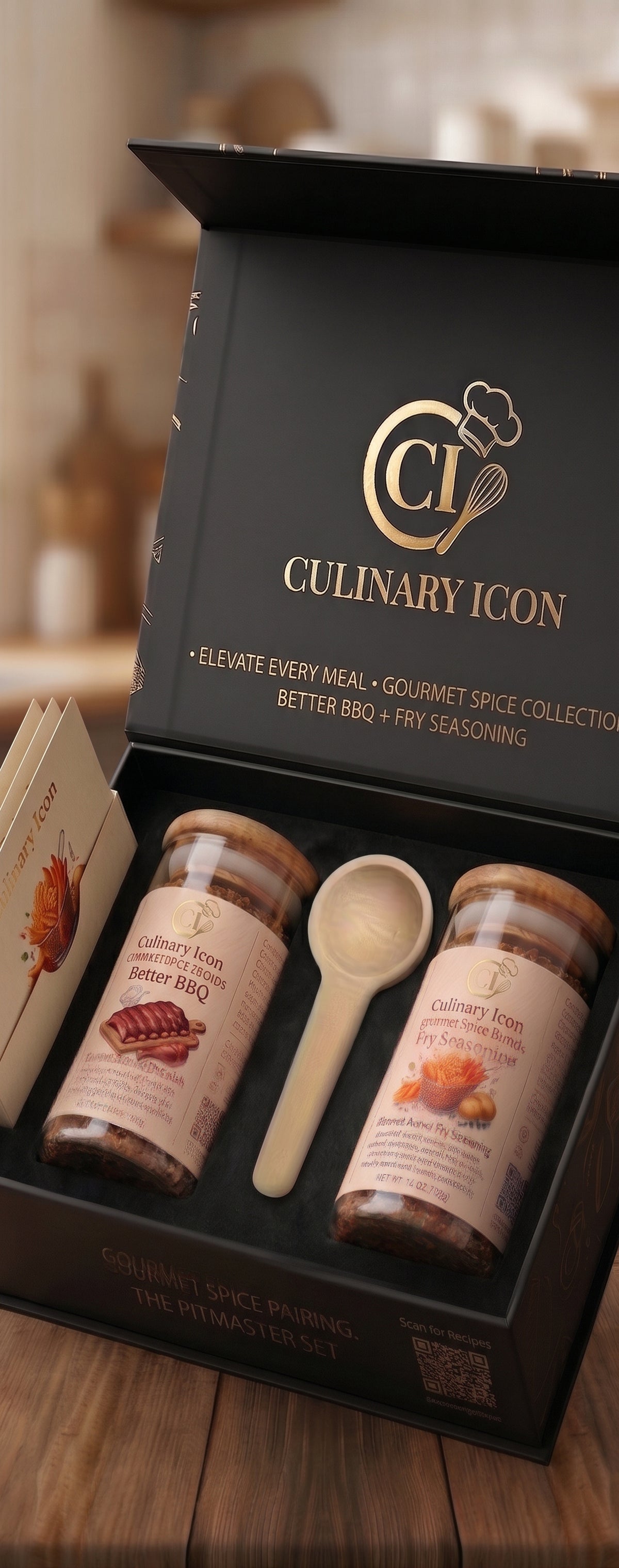 Culinary Icon spice gift set in an open black presentation box, featuring two spice jars with cream labels, a light wood spoon, and a booklet on a wooden tabletop.