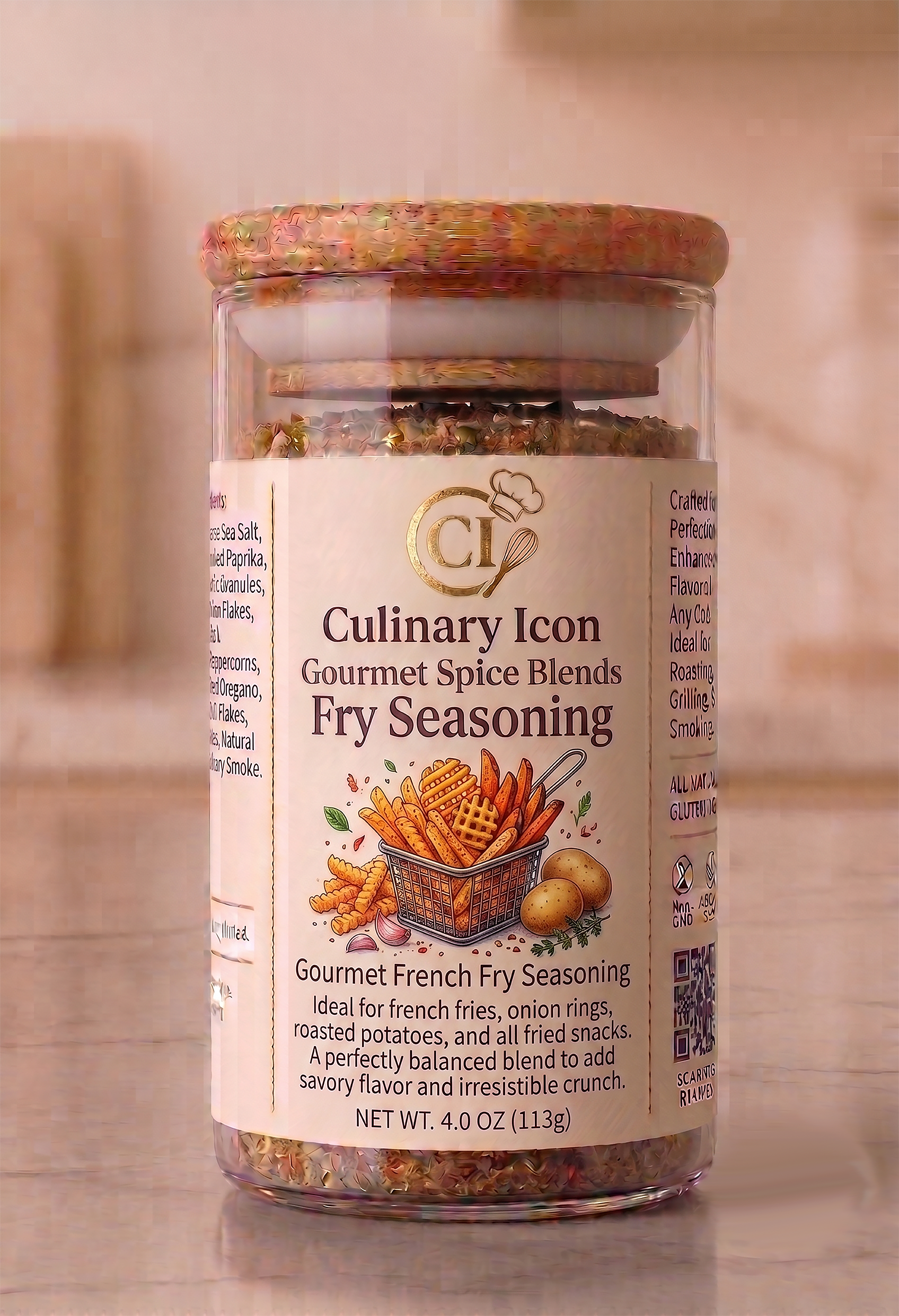 Culinary Icon Gourmet Spice Blend Fry Seasoning jar next to crispy golden French fries